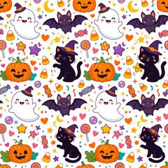 Fototapeta premium Playful Kawaii Halloween Seamless Pattern with Cute Ghosts, Bats, Cats, Pumpkins, and Candies