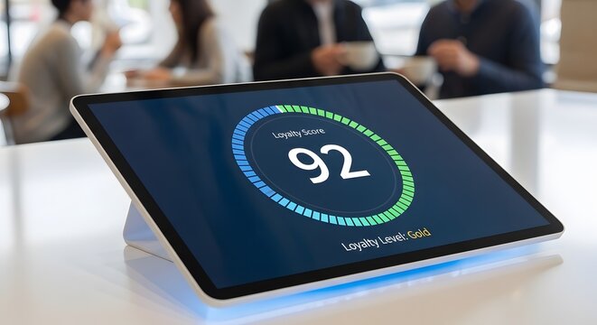 Modern electronic tablet display showing high loyalty score of ninety two with gold status indicator sitting on bright white surface in blurred corporate office environment with colleagues meeting.