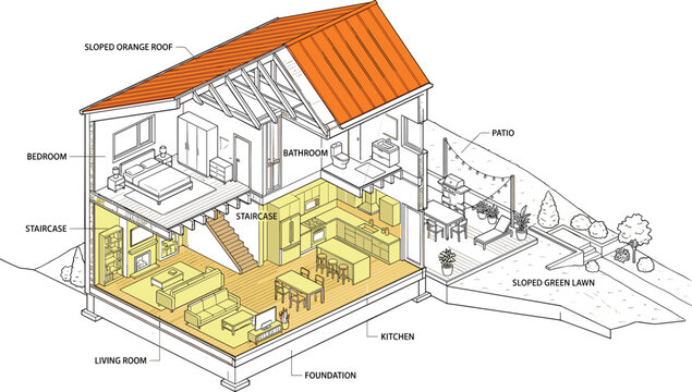 Isometric 3D cross section architectural vector illustration of a modern split level house showing complete interior rooms