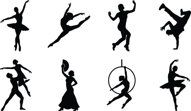 Collection of Dancing People Silhouettes Featuring Ballet Modern Breakdance and Aerial Hoop Performance Vector Elements