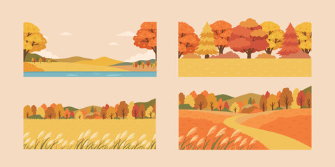 Fototapeta premium Flat Vector Autumn Landscape Banners with Trees and Fields