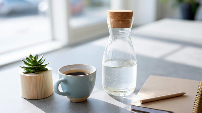 Coffee cup and water carafe placed on a table with a succulent plant and notebook, bright natural light illuminating the workspace in a modern indoor setting