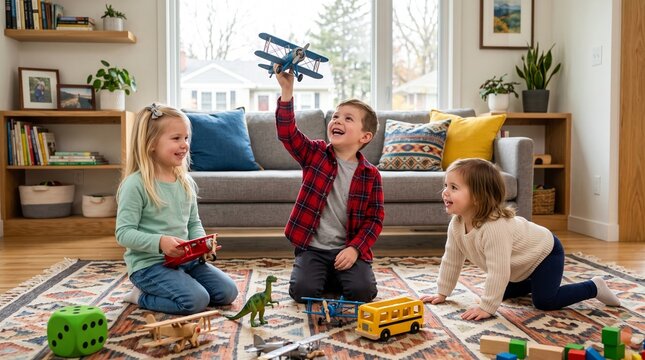Three Happy Children Playing with Toy Airplanes in Living Room