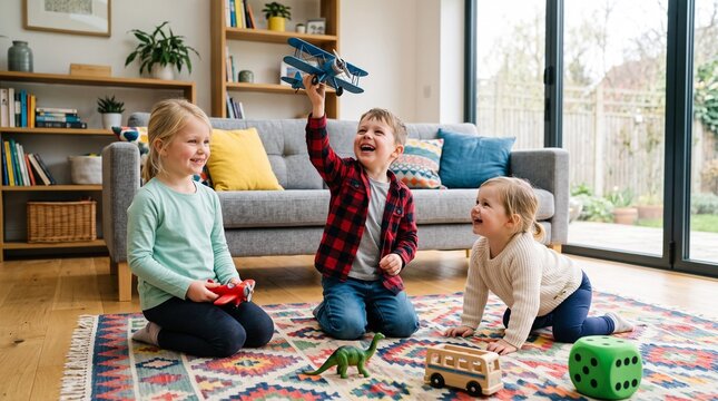 Three Happy Children Playing with Toy Airplanes in Living Room