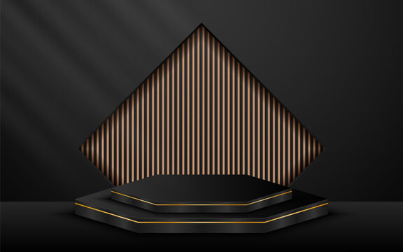 Black podium with elegant gold lines and a brown slatted backdrop set in a square window for displaying advertisements. Display of cosmetic products. Stage or podium. vector illustration