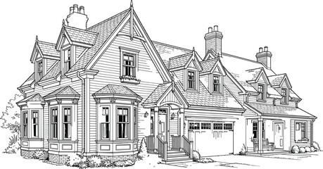 Fototapeta premium Vintage victorian style cottage mansion sketch vector illustration showing beautiful bay windows gables and multi car garage