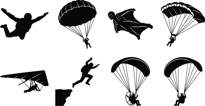 Extreme Skydiving and Air Sports Silhouette Icon Set Featuring Parachuting Wingsuit Hang Glider and Paramotor