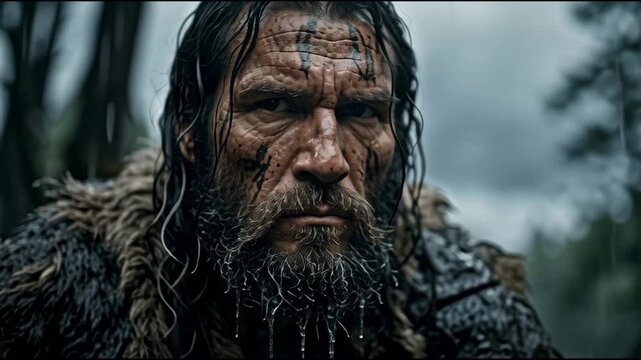 Caveman Hunter with Spear in Rainy Forest