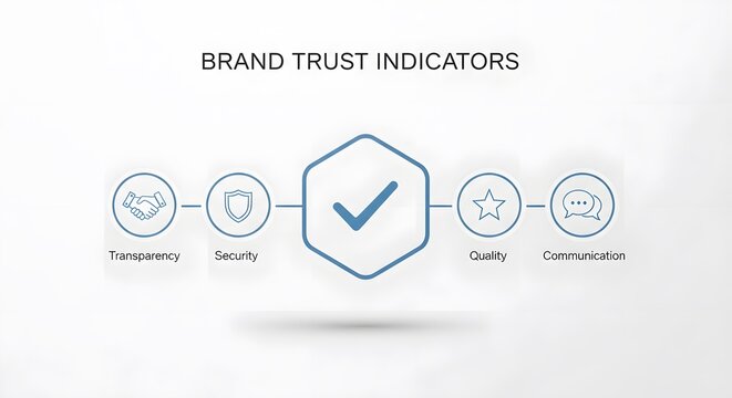 Brand trust indicators demonstrating transparency security quality and communication as essential elements for building and maintaining customer confidence and loyalty.