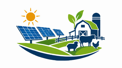 Fototapeta premium The image is an illustration of a farm scene with a blue and green color scheme. It features a white barn with a green roof and a chimney on the right side, a wooden