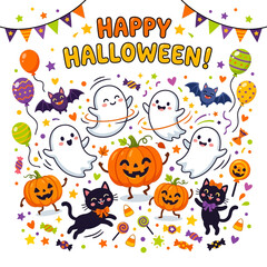 Fototapeta premium Joyful Halloween Festivities with Cute Dancing Ghosts, Pumpkins, and Black Cats