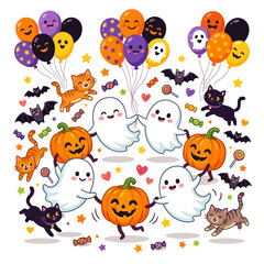 Naklejka premium Joyful Halloween celebration with dancing cartoon ghosts, pumpkins, cats, and festive balloons for children's designs