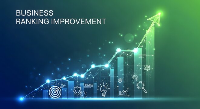 Business ranking improvement graphic showing glowing green arrow climbing bar chart with digital icons representing strategic process target goal and industrial success in growth marketing.