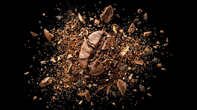 Exploding Coffee Bean Fragmented on Black Background