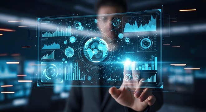 Professional worker interacting with futuristic holographic interface displaying global data visualization and networking nodes for advanced artificial intelligence research in dark workspace.