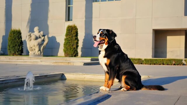 A Bernese Mountain Dog sitting in a water fountain, panting with its tongue out.