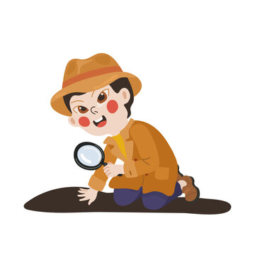 Cute child detective with magnifying glass searching clues in flat vector style isolated on white