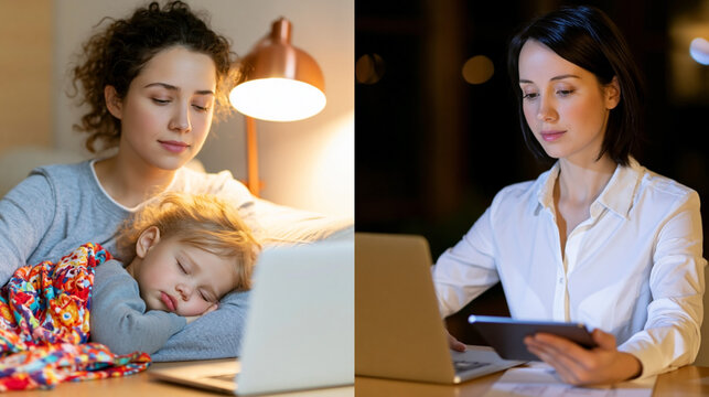 Split image of a woman with curly hair resting beside a sleeping child on a laptop and another woman working on a tablet at a desk in a dimly lit room
