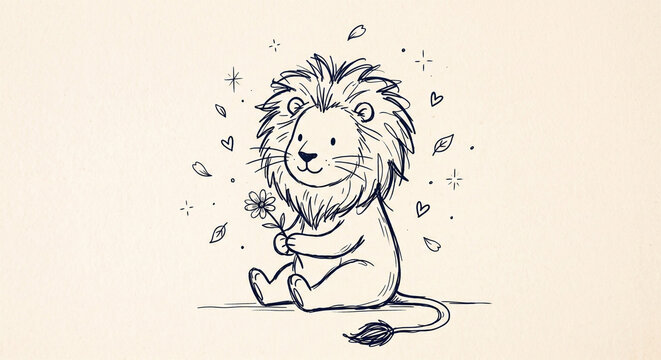 Cute sitting lion holding a flower hand drawn line art