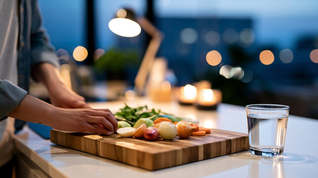 Person chopping fresh vegetables on a wooden cutting board in a modern kitchen with a glass of water and soft ambient lighting in the background