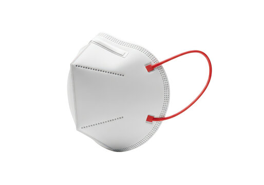 White medical face mask with red elastic ear loops isolated on transparent background