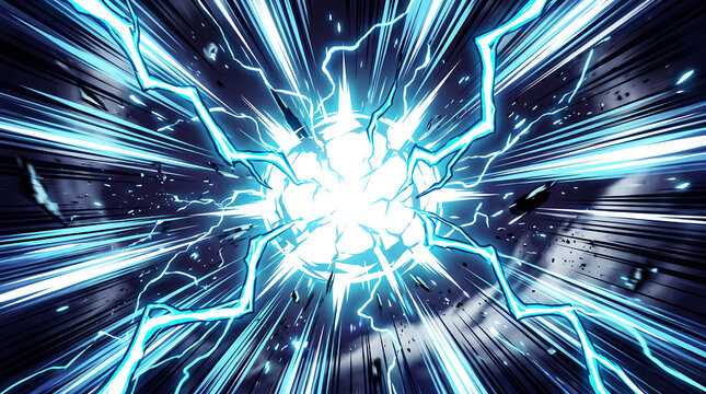 Electric blue lightning bolt explodes with intense white core light in a fast motion comic style