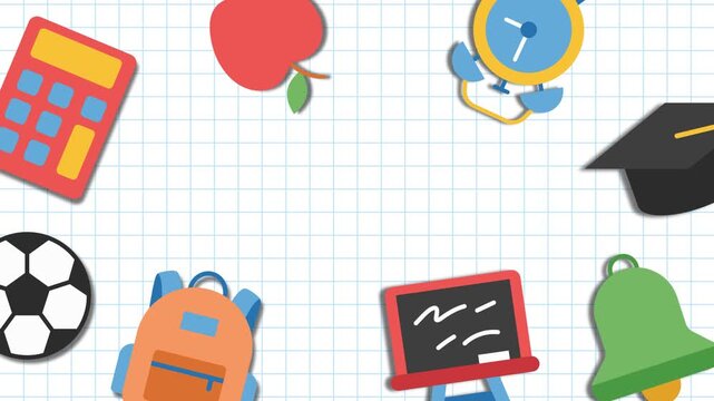 Back to school education background illustration featuring school supplies like backpack, calculator, apple, and graduation cap on grid paper.