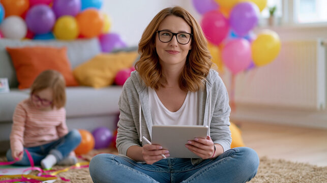 Caucasian woman sitting on carpet with tablet in hands, smiling at camera, while child plays with colorful decorations in a festive room filled with balloons