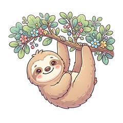 Naklejka premium Cute Cartoon Sloth Hanging from a Tree Kawaii Illustration Isolated on White Background