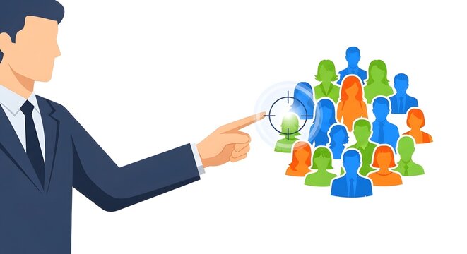 Corporate leader targeting specific demographic group among diverse professional crowd using digital interface to demonstrate precision marketing strategy and talent acquisition management visual.