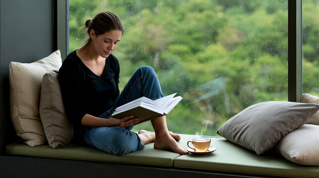 Young woman reading a book while sitting on a window seat with cushions, a cup of tea beside her, and a lush green landscape visible outside