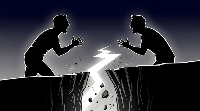 Visual representation of conflict and disagreement between two individuals facing each other across a chasm emphasizing