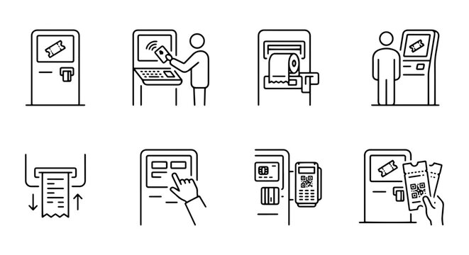 Self-Service Kiosk Icons, Ticket Machine & Payment Terminal Vector Set, Modern Line Art
