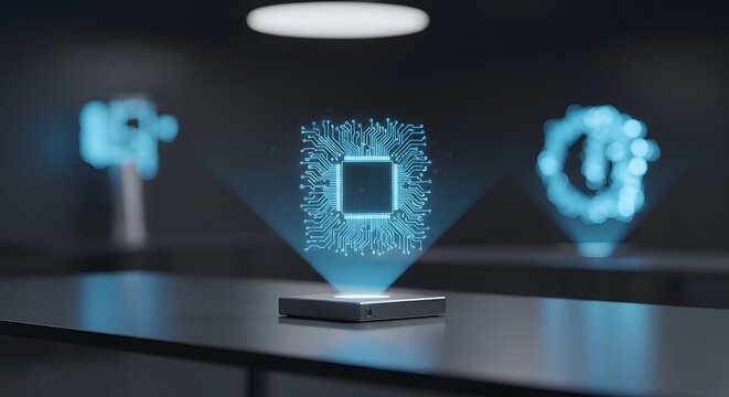Modern electronic circuit board computer chip glowing hologram floating above sleek metallic pedestal device in 