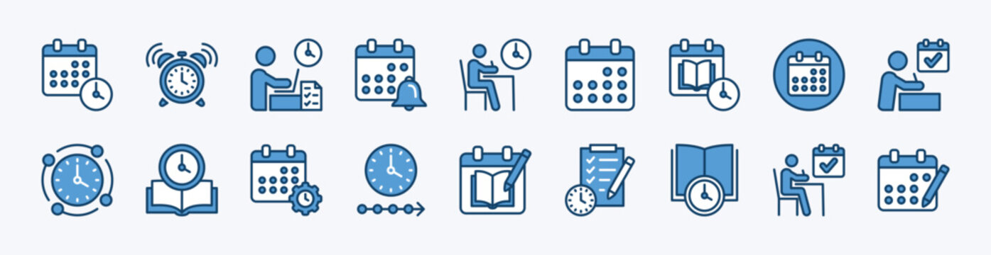 Set of timetable icon. Contains schedule, time, clock, calendar, alarm, timer, reminder, hours, deadline, productivity management, planning, organization, duration, efficiency - vector illustration