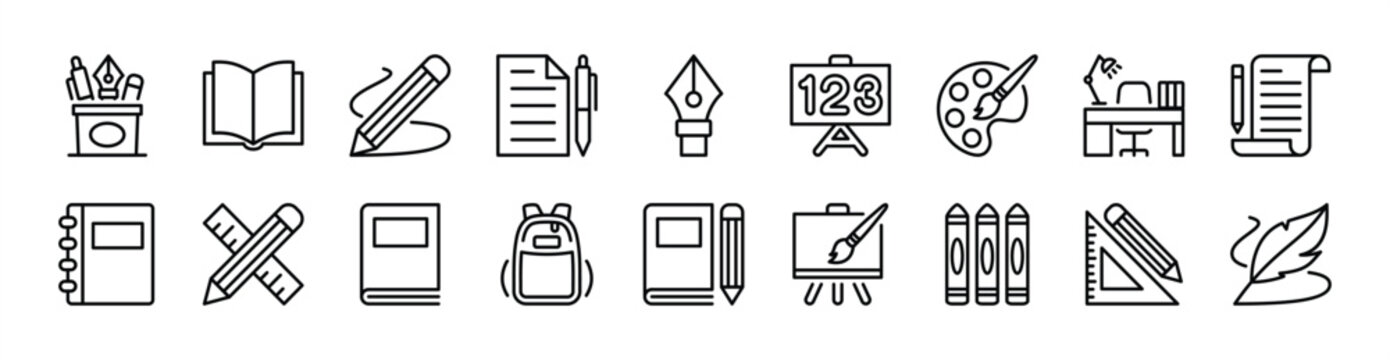 Stationery thin line icon set. Contains book, pen, paintbrush, pencil case, blackboard, feather or quill, school bag, crayons, study desk, ruler, paper sheet - vector illustration