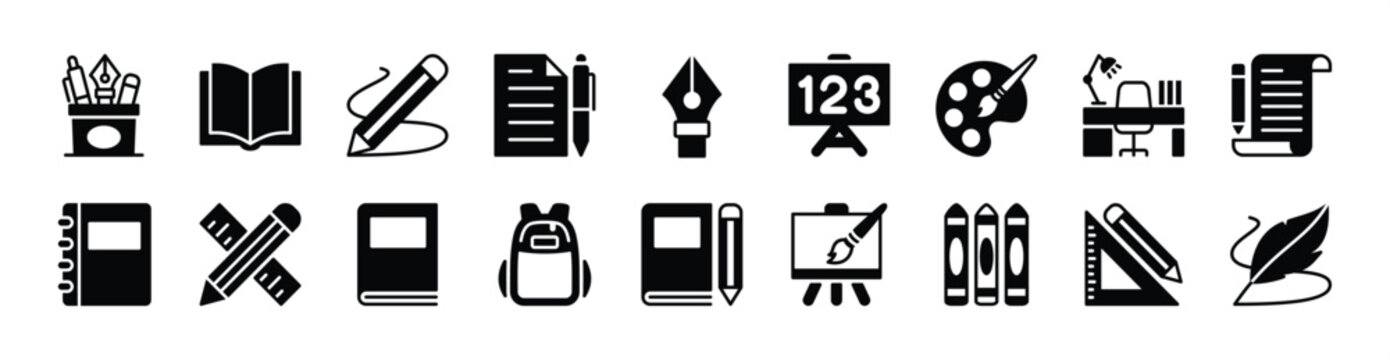 Stationery icon vector set. Contains book, pen, pencil case, paintbrush, blackboard, feather or quill, school bag, crayons, study desk, ruler, paper sheet - illustration