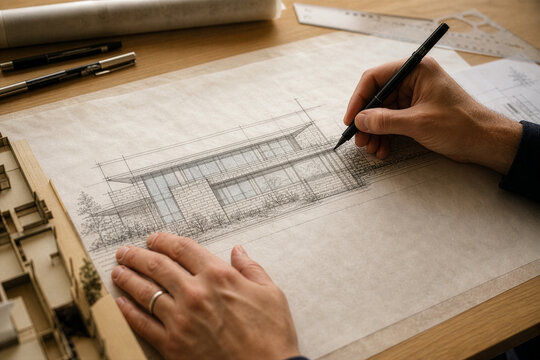 Architect hand drawing building elevation sketch on tracing paper