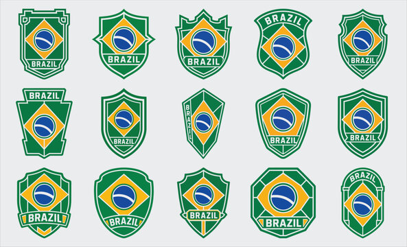 Brazil flag badge set with shield emblems and diamond icon vector collection