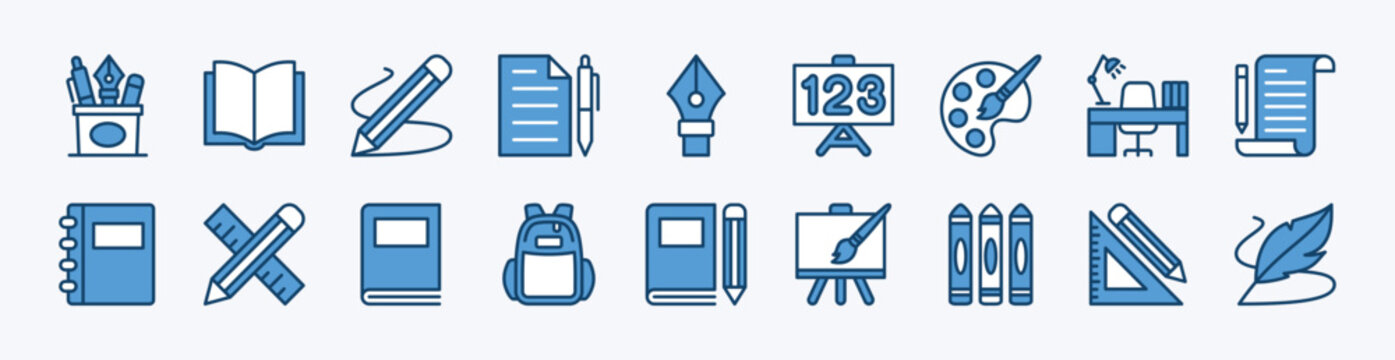 Set of stationery icon. Contains book, pencil case, paintbrush, notebook, pen, blackboard, feather or quill, school bag, crayons, study desk, ruler, paper sheet - vector illustration
