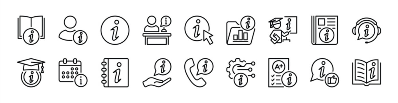 Information sign and communication technology icon set. Contains info, help button, support, service, manual book, guide, faq, inform, help desk, answer - vector illustration