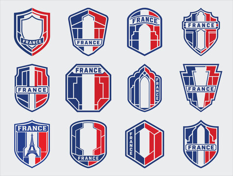 France flag badge set with Eiffel Tower shield emblem vector collection