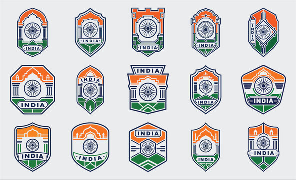India flag badge set with Ashoka Chakra shield emblem vector collection