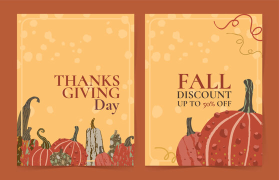 Thanksgiving poster set with fall pumpkins holiday greeting and discount sale promotion
