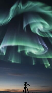 Aurora Borealis Shimmering and Flowing in a Dynamic, Looping Animation. Northern Lights Display with a Silhouetted Figure.