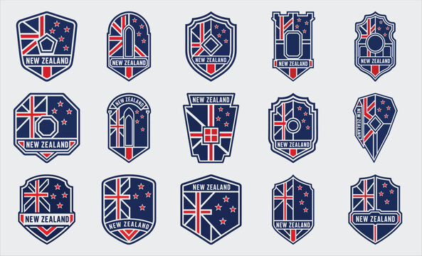 New Zealand flag badge set with Southern Cross shield emblem vector collection