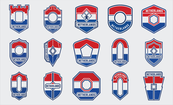 Netherlands flag badge set with shield emblem vector collection