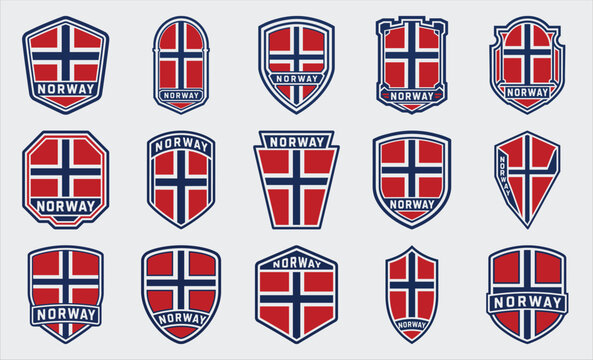Norway flag badge set with Nordic cross shield emblem vector collection