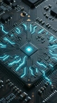 Circuit Board Animation with Glowing Blue Energy Pulses and Electrical Arcs, Creating a Dynamic Tech Background.