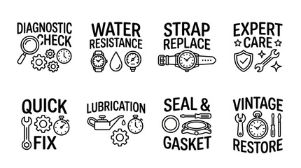 Fototapeta premium The set of icons illustrates watch repair services, showcasing diagnostics, waterproof checks, and maintenance elements like strap replacement and expert tools for timepieces.